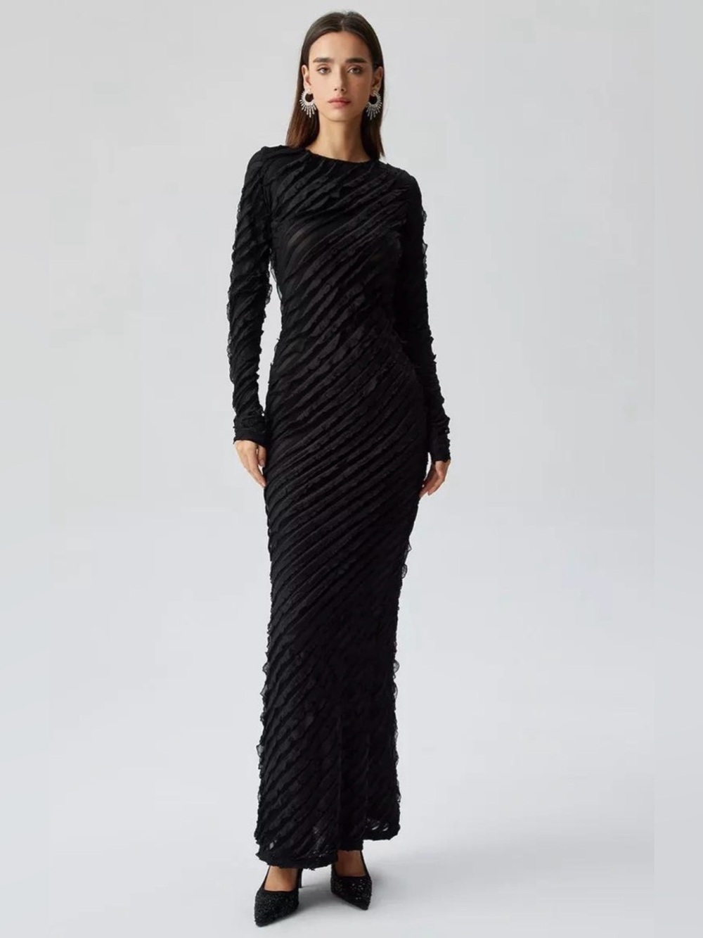 MICAS Black Long Sleeve Textured Maxi Dressπ€